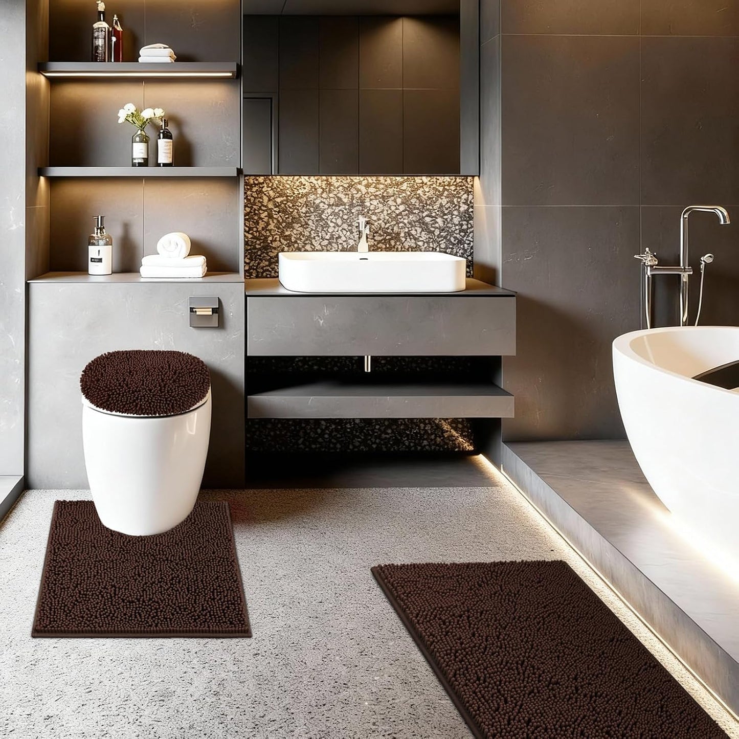 Dluxe Ave. Brown Bathroom Mats Sets 4 Pieces Bath Mats for Bathroom Chenille Bathmat Ultra Soft Non-Slip Bath Rug