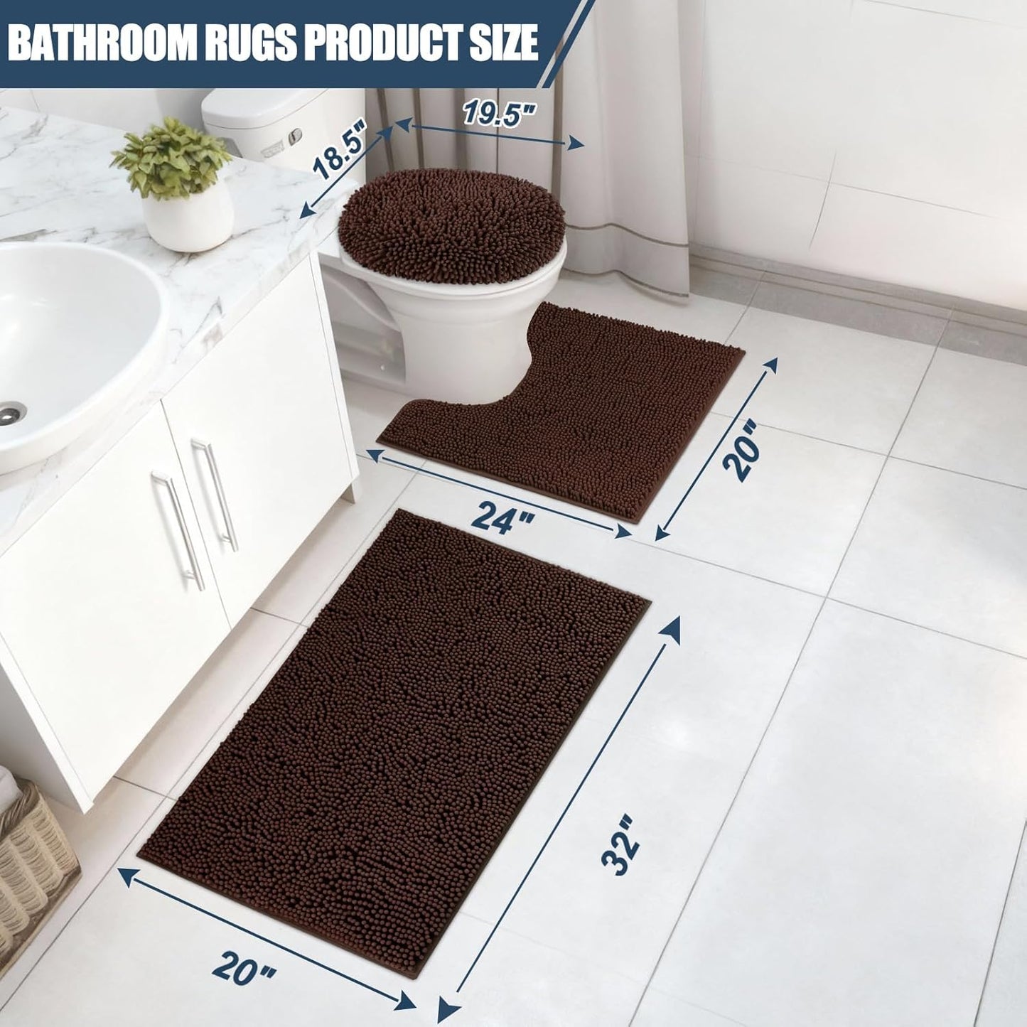 Dluxe Ave. Brown Bathroom Mats Sets 4 Pieces Bath Mats for Bathroom Chenille Bathmat Ultra Soft Non-Slip Bath Rug