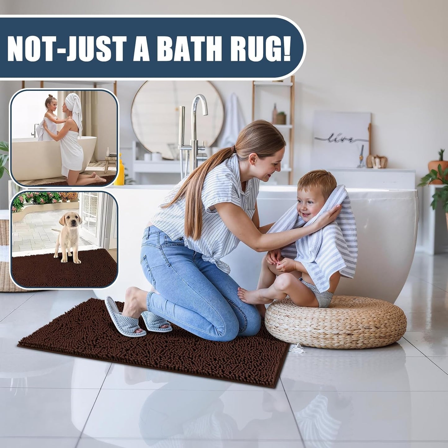 Dluxe Ave. Brown Bathroom Mats Sets 4 Pieces Bath Mats for Bathroom Chenille Bathmat Ultra Soft Non-Slip Bath Rug