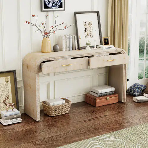 Dluxe Ave. Unique Retro Silhouette Entryway Table With Open Design And Two Top Drawers For Entrance, Dining Room, Living Room