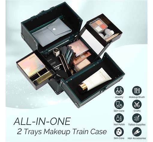 Dluxe Ave. CHUANGJIN Makeup Train Case 2 Trays Makeup Box Organizer Portable Travel Makeup Case Lockable Makeup Storage Green Pro