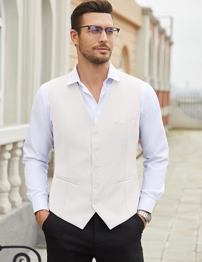 Dluxe Ave. (X-LARGE) Mens Casual Dress Waistcoat Vests/ Slim Fit V Neck/ White