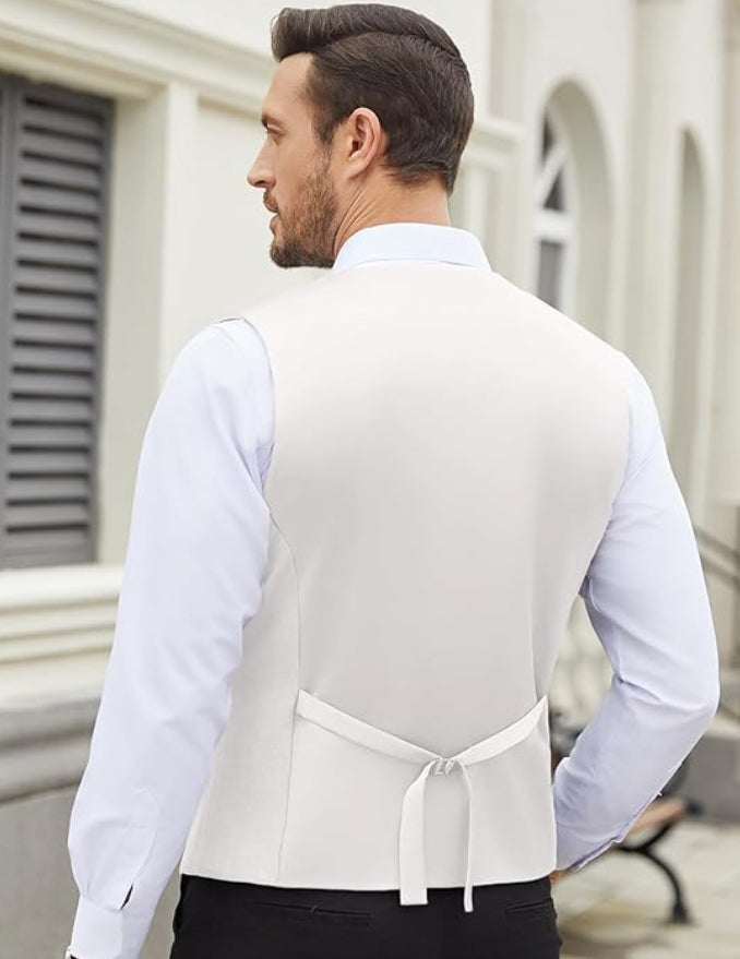 Dluxe Ave. (X-LARGE) Mens Casual Dress Waistcoat Vests/ Slim Fit V Neck/ White