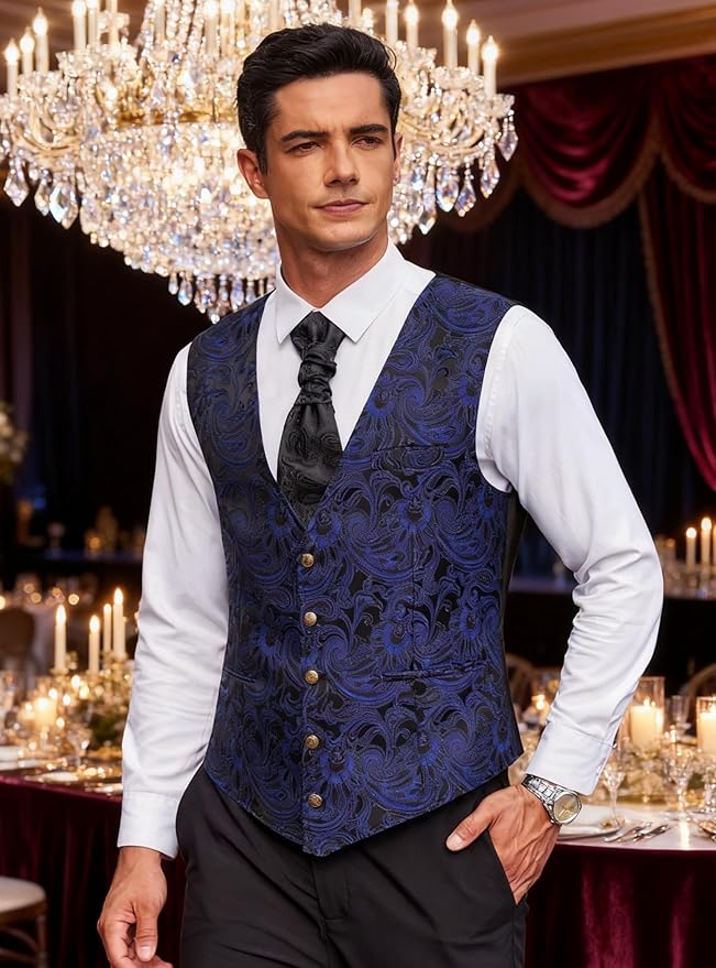 Dluxe Ave. (X-LARGE)  Mens Waistcoat Victorian Steam Punk Gothic Vest/ Dark Purple Paisley
