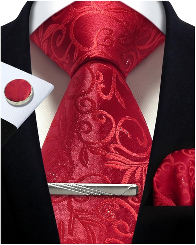 Dluxe Ave. Mens Red Paisley Necktie/ Pocket Squares/ Ties Clips & Cufflinks Classic Set
