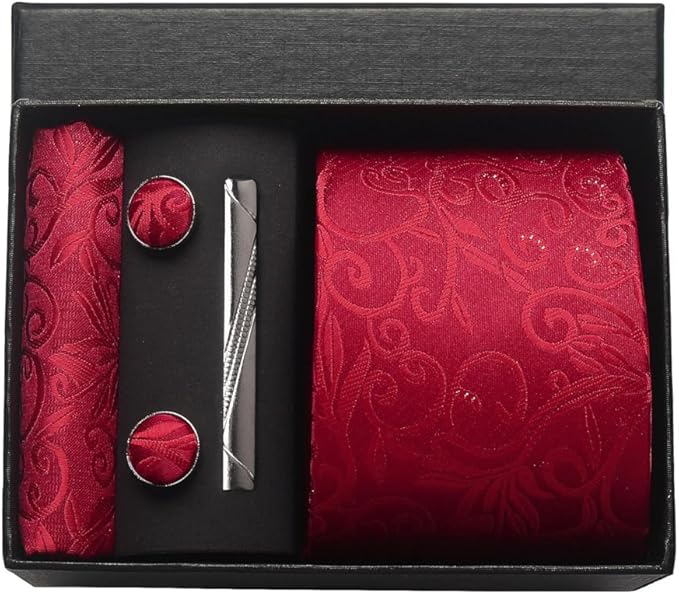 Dluxe Ave. Mens Red Paisley Necktie/ Pocket Squares/ Ties Clips & Cufflinks Classic Set