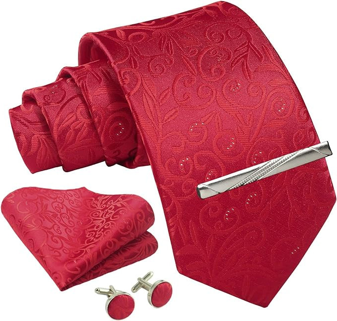 Dluxe Ave. Mens Red Paisley Necktie/ Pocket Squares/ Ties Clips & Cufflinks Classic Set