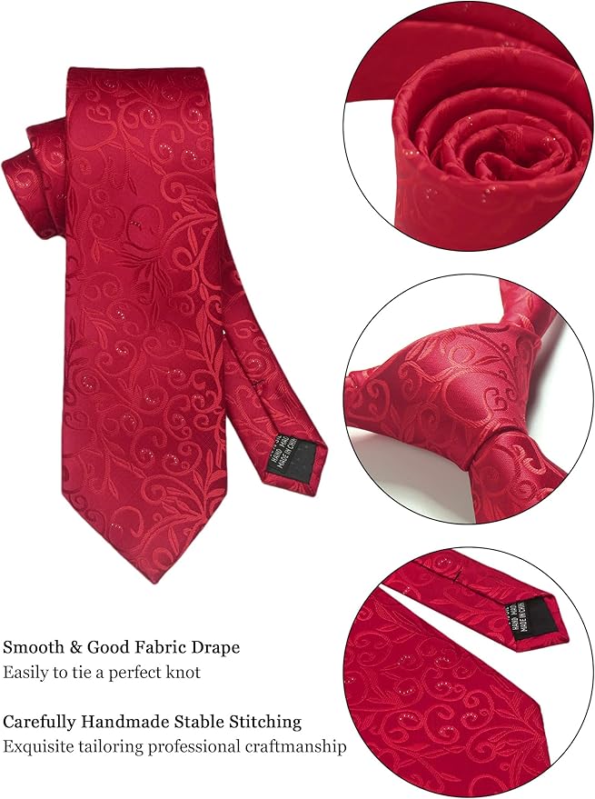 Dluxe Ave. Mens Red Paisley Necktie/ Pocket Squares/ Ties Clips & Cufflinks Classic Set