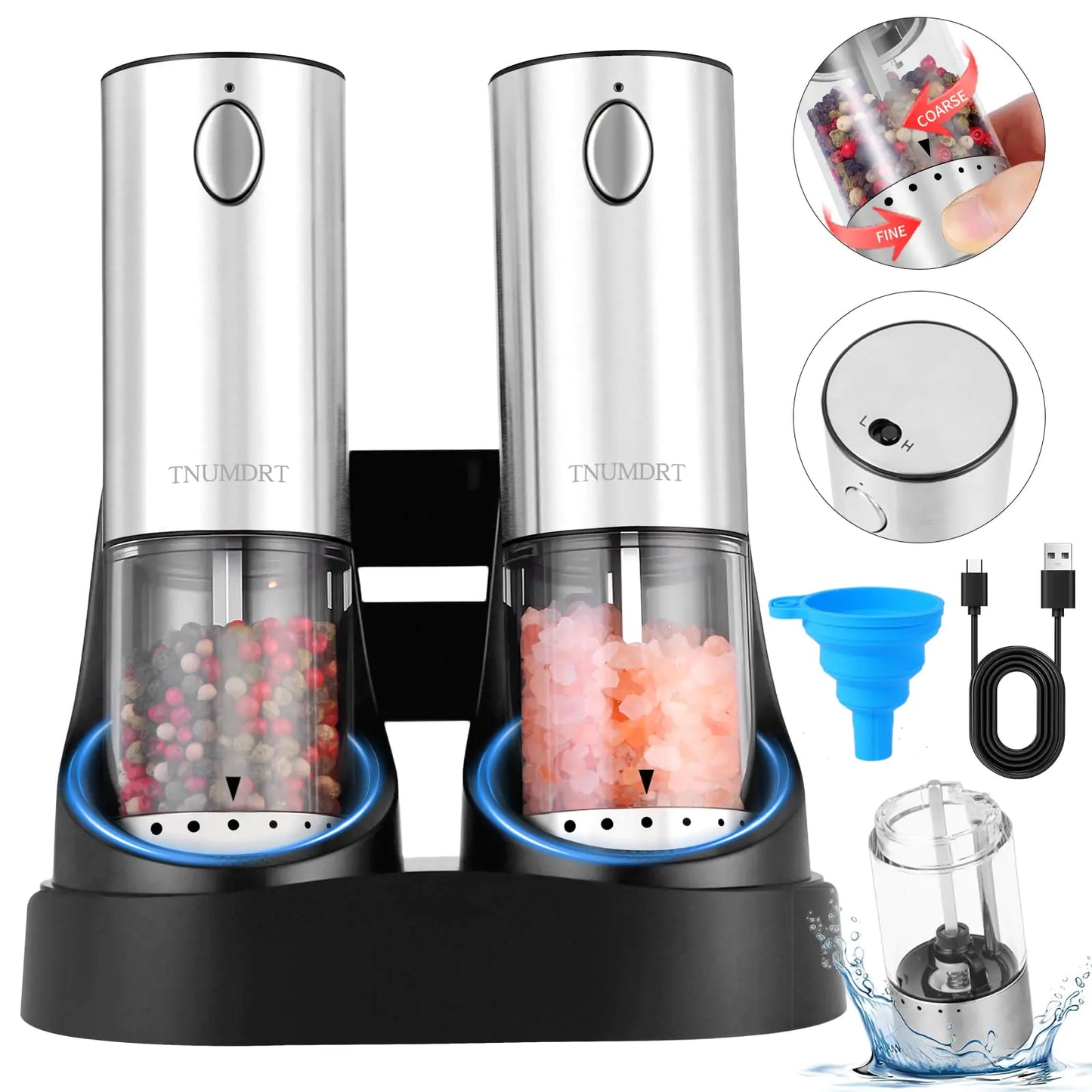 Dluxe Ave. Electric Salt and Pepper Grinder Set Stainless steel Large Capacity Automatic Pepper Mill Grinder