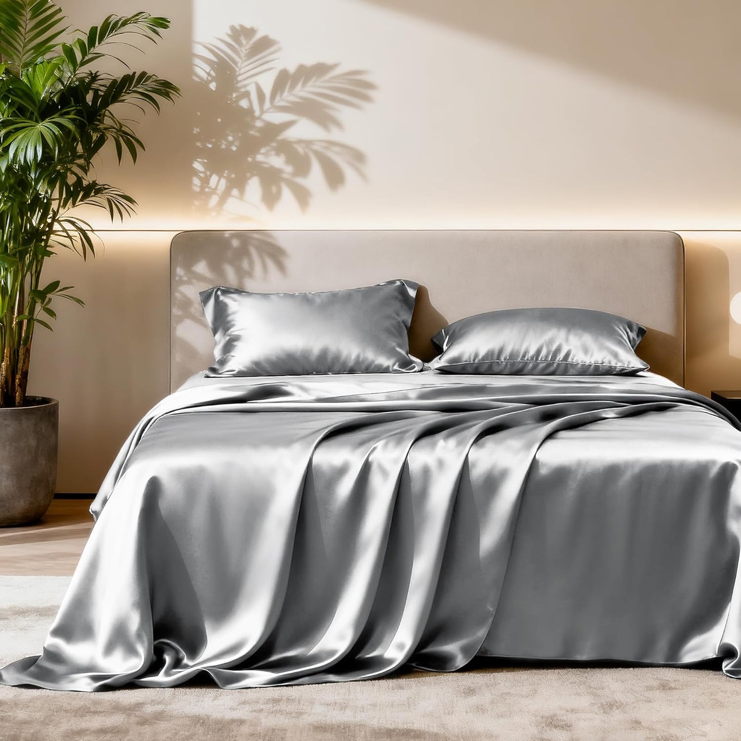 Dluxe Ave. ( QUEEN ) 4 Piece Luxury Silky Satin Bed Sheets Set/ Light Grey