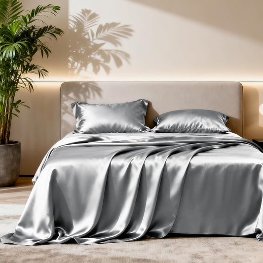 Dluxe Ave. ( QUEEN ) 4 Piece Luxury Silky Satin Bed Sheets Set/ Light Grey