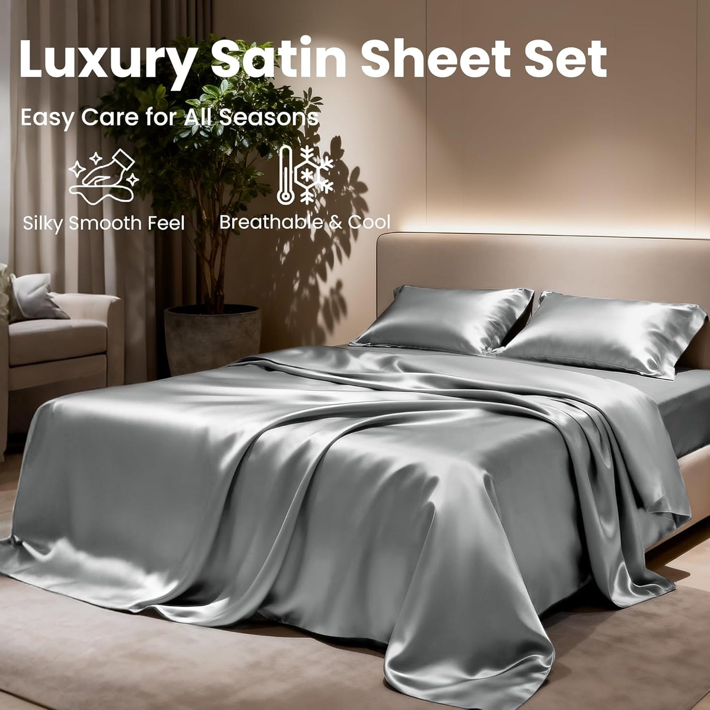 Dluxe Ave. ( QUEEN ) 4 Piece Luxury Silky Satin Bed Sheets Set/ Light Grey