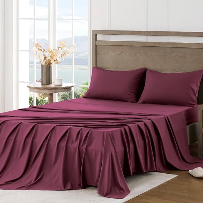 Dluxe Ave. ( TWIN ) 3 Pcs Satin Sheets/ Luxurious Silky Soft/  Deep Pocket/ Burgundy