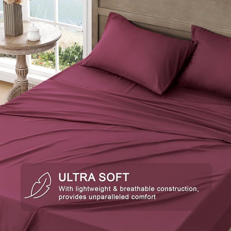 Dluxe Ave. ( TWIN ) 3 Pcs Satin Sheets/ Luxurious Silky Soft/  Deep Pocket/ Burgundy