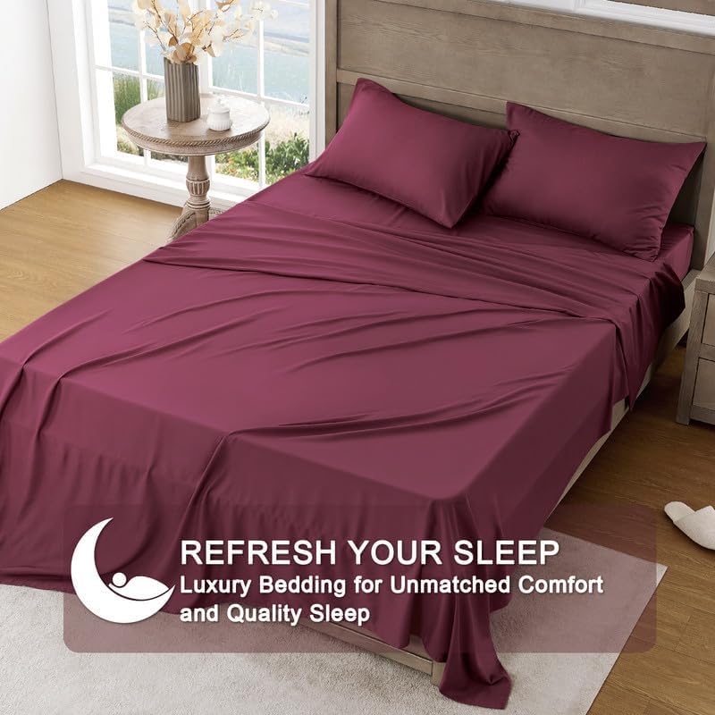 Dluxe Ave. ( TWIN ) 3 Pcs Satin Sheets/ Luxurious Silky Soft/  Deep Pocket/ Burgundy