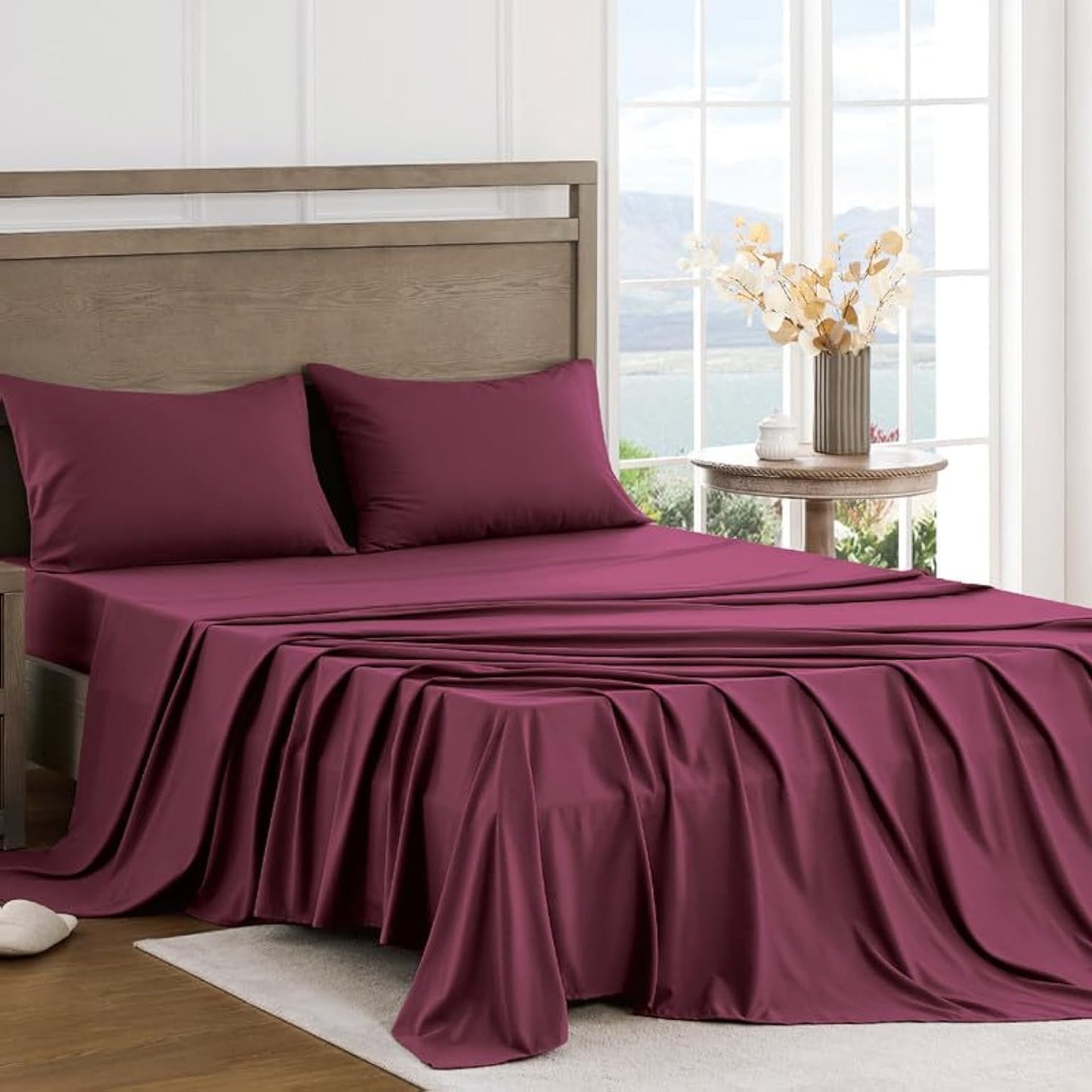 Dluxe Ave. ( TWIN ) 3 Pcs Satin Sheets/ Luxurious Silky Soft/  Deep Pocket/ Burgundy