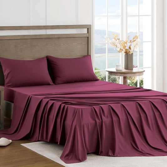 Dluxe Ave. ( TWIN ) 3 Pcs Satin Sheets/ Luxurious Silky Soft/  Deep Pocket/ Burgundy