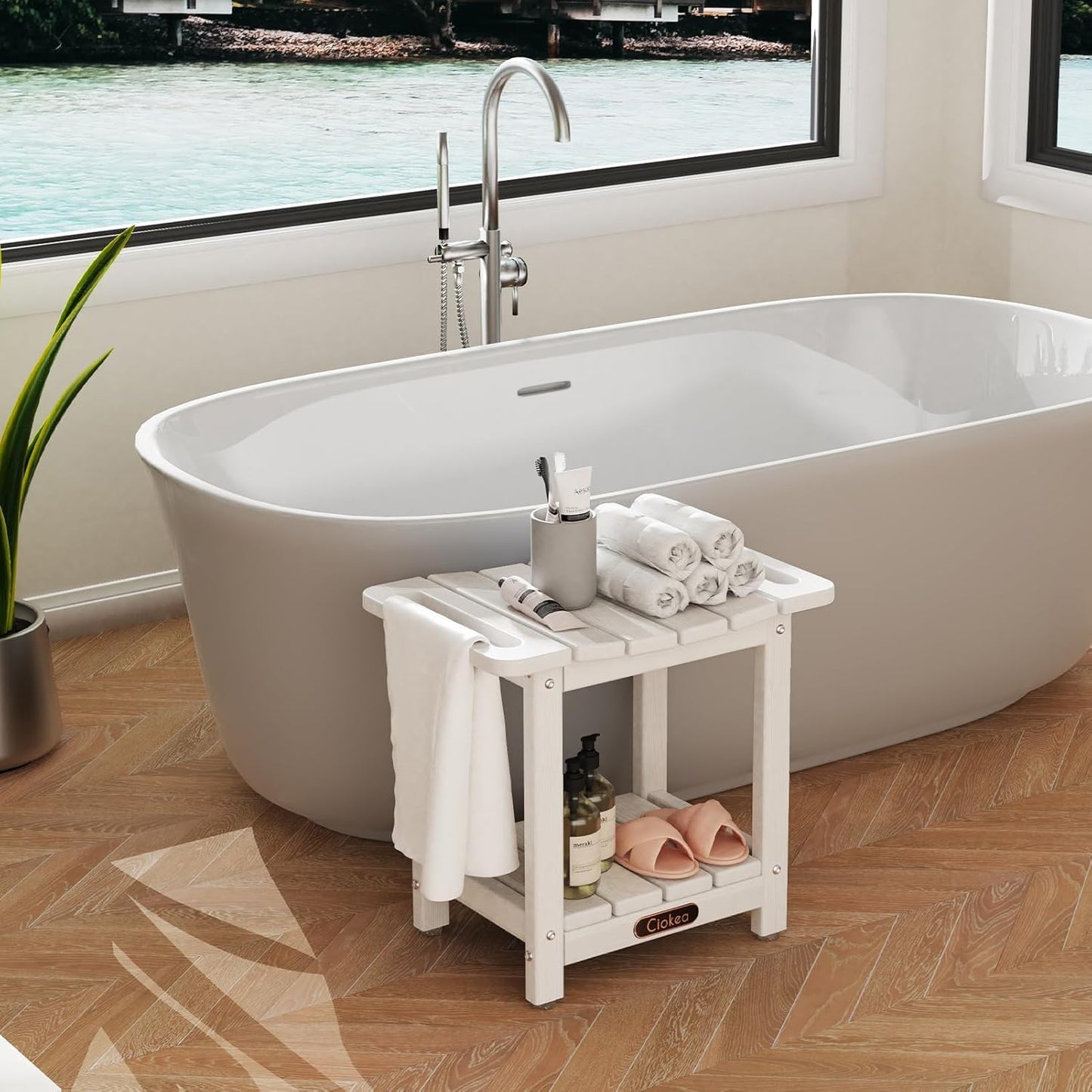 Dluxe Ave. Ciokea Shower Bench for Inside Shower Waterproof Plastic Shower Stool for Shaving Legs with Storage Shelf HDPE Shower Bath Tub Benches for Bathroom Indoor or Outdoor Use White