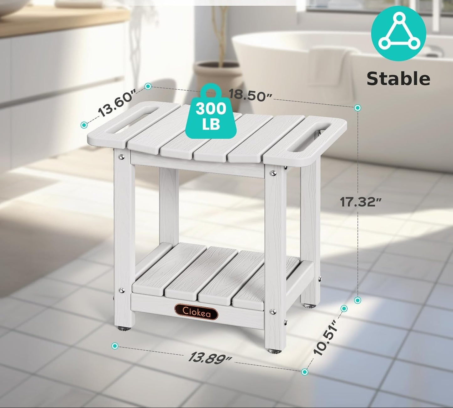 Dluxe Ave. Ciokea Shower Bench for Inside Shower Waterproof Plastic Shower Stool for Shaving Legs with Storage Shelf HDPE Shower Bath Tub Benches for Bathroom Indoor or Outdoor Use White