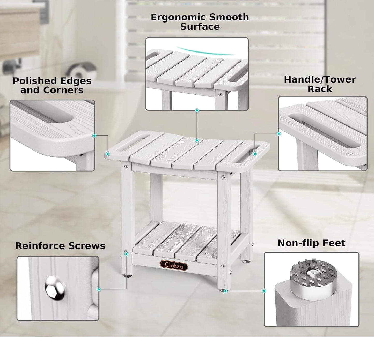 Dluxe Ave. Ciokea Shower Bench for Inside Shower Waterproof Plastic Shower Stool for Shaving Legs with Storage Shelf HDPE Shower Bath Tub Benches for Bathroom Indoor or Outdoor Use White