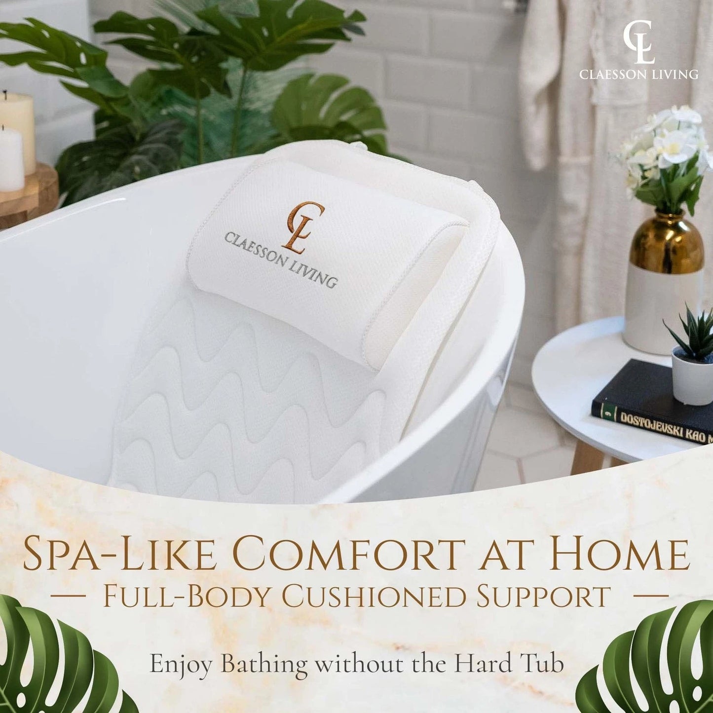 Dluxe Ave. Full-Body Bath Pillow Cushion with Headrest, Supports Neck Back and Legs (White)