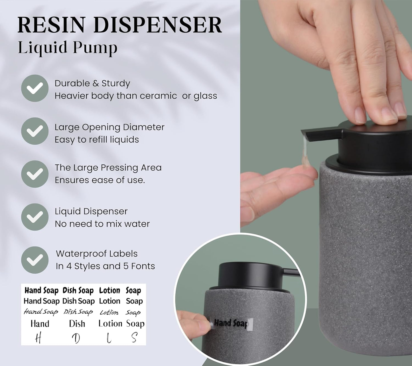 Dluxe Ave. 10 oz Resin Hand Soap Dispenser with Easy-to-Press Pump and Waterproof Labels (Gray)