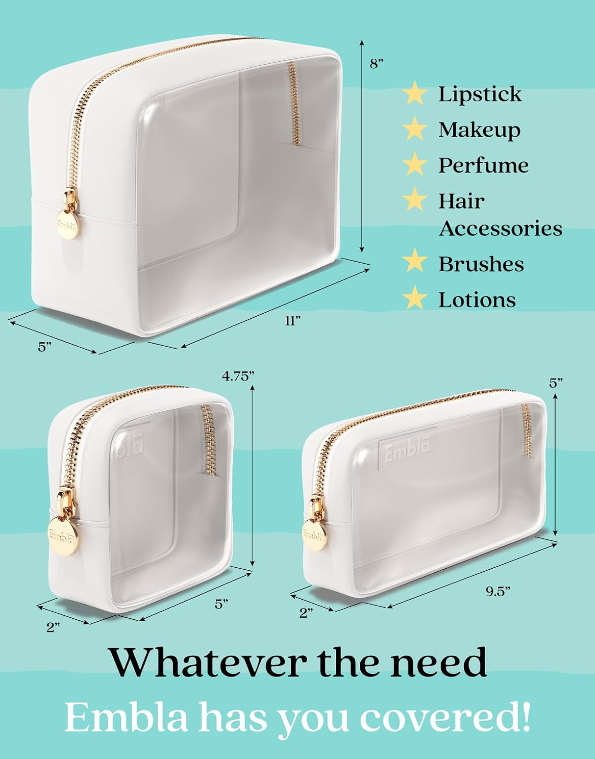 Dluxe Ave. Cosmetic Bags Set of 3, Mini Small Large Makeup Bags, For Women (White)