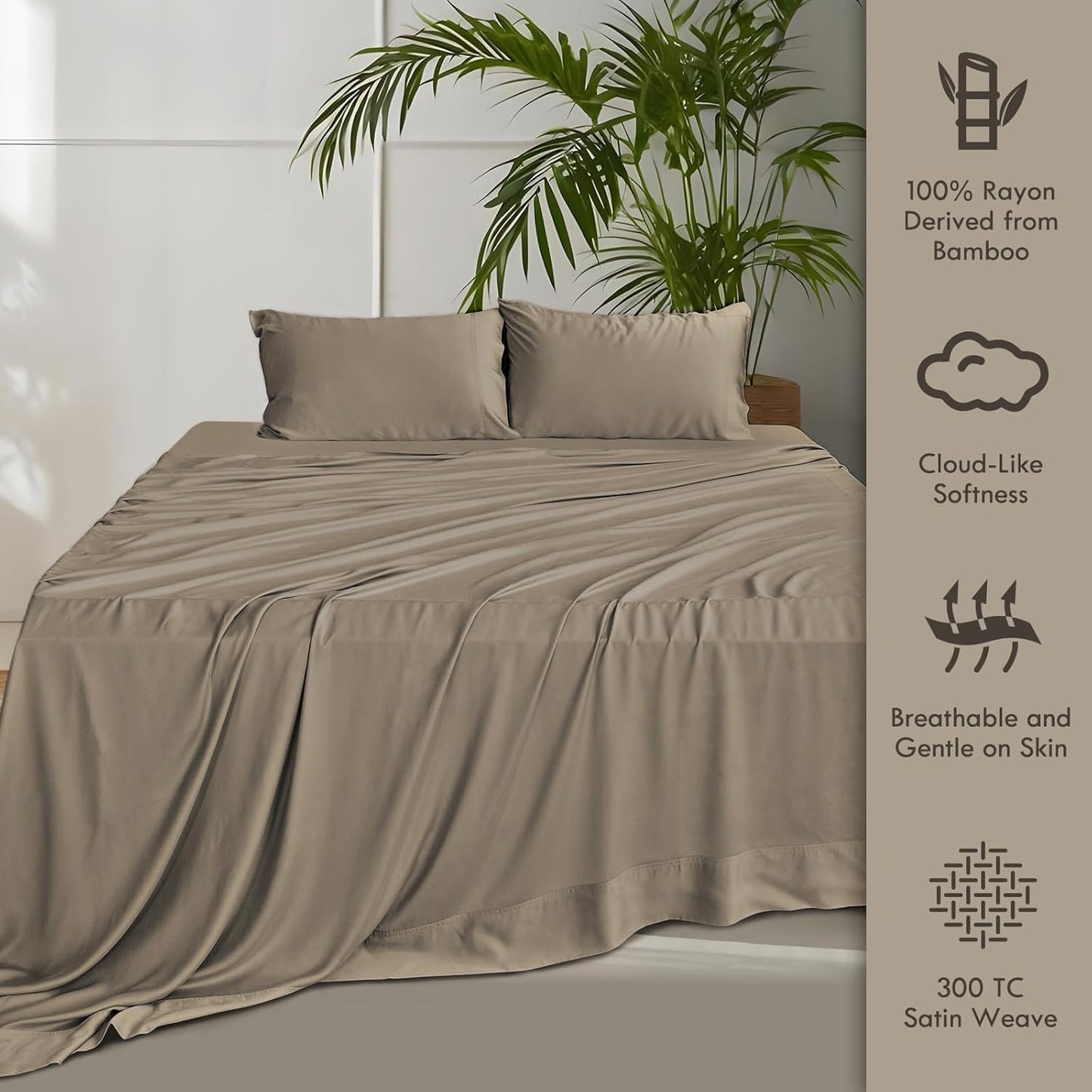 Dluxe Ave. ( TWIN ) 3 Pcs Bed Sheet Set, 100% Rayon derived from Bamboo, Luxuriously Soft, 16" Deep Pockets,  Taupe