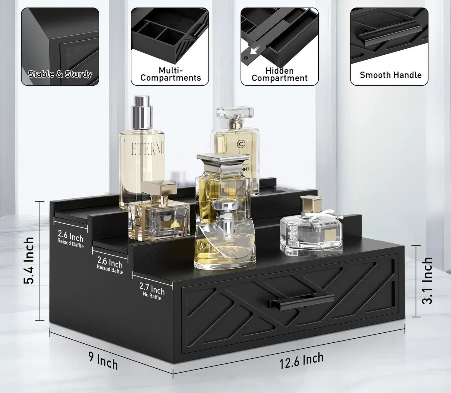 Dluxe Ave. 3 Tier Organizer with Velvet Lining Drawer and Hidden Compartment