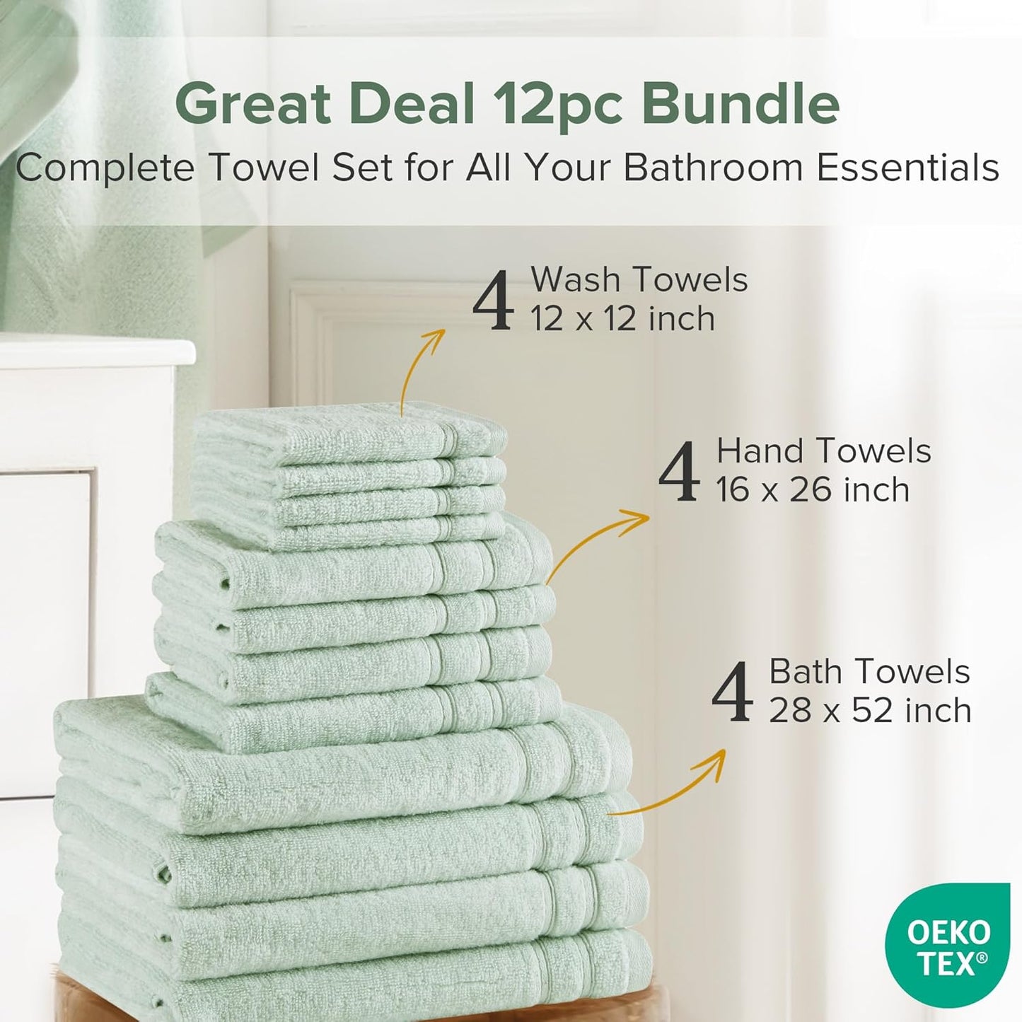 Dluxe Ave. 12 Piece Luxury Bath Towel Set/ 100% Cotton (Green)