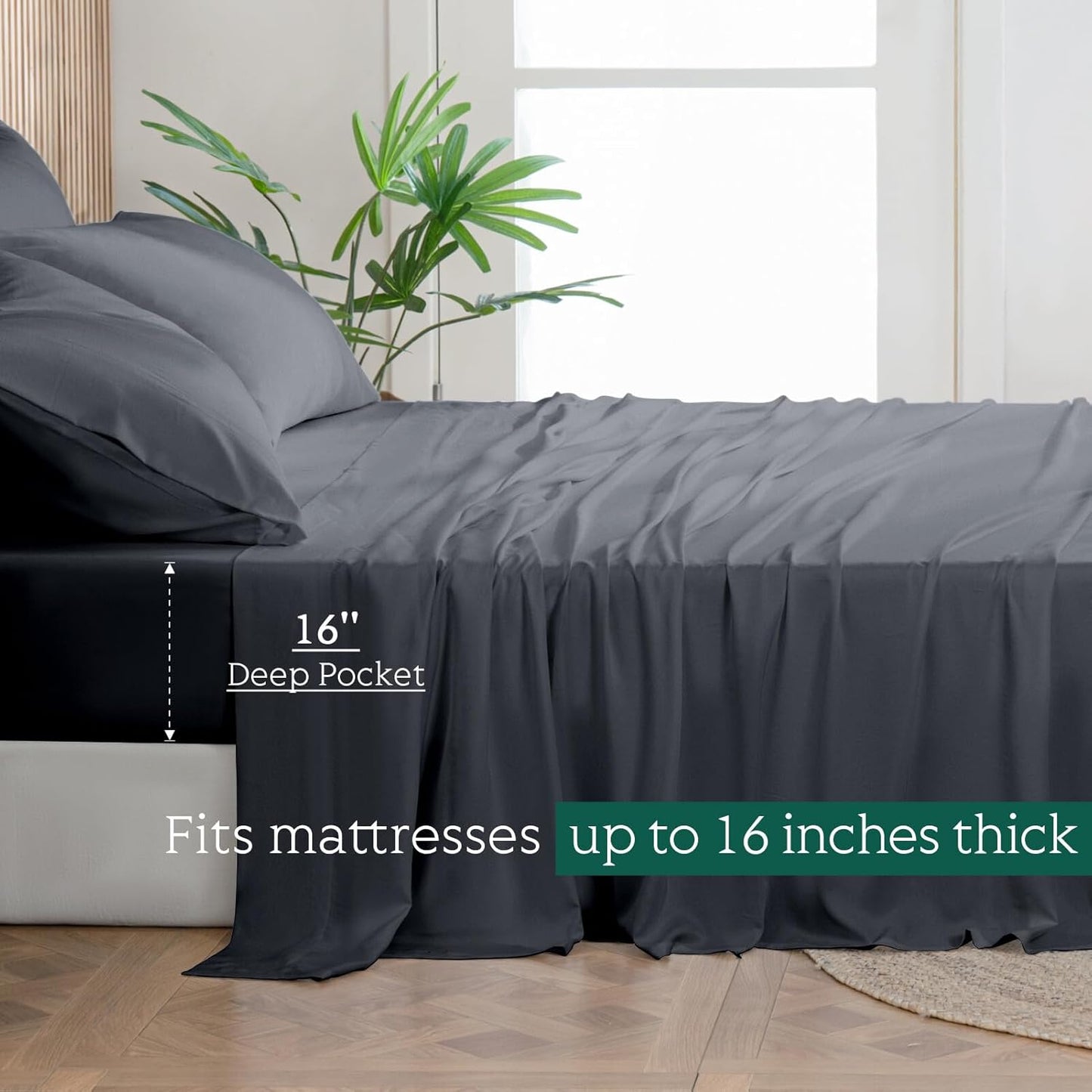 Dluxe Ave. ( CALI./ KING ) Cooling Sheets Set/ Deep Pocket Up to 16"/ 4PC / Dark Grey