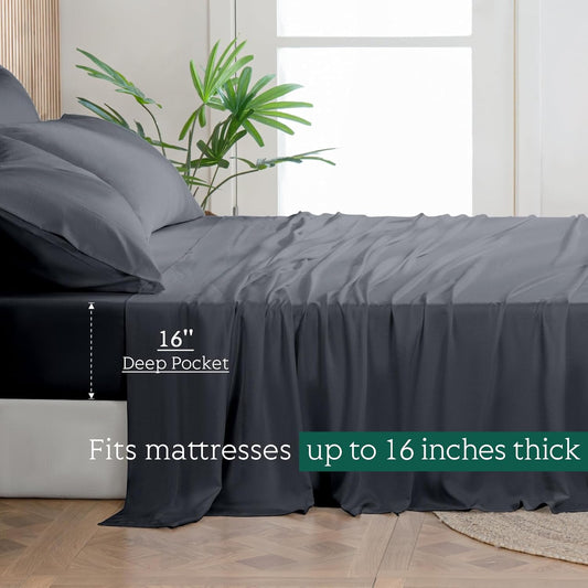 Dluxe Ave. ( CALI./ KING ) Cooling Sheets Set/ Deep Pocket Up to 16"/ 4PC / Dark Grey