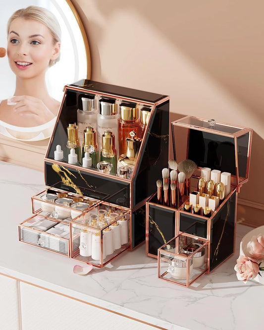 Dluxe Ave. CoralHouse Black Makeup Organizer –Makeup Organizer for VanityMulti-Purpose Glass Makeup Organizer Countertop Large Skincare Organizers Exquisite Vanity Organizer