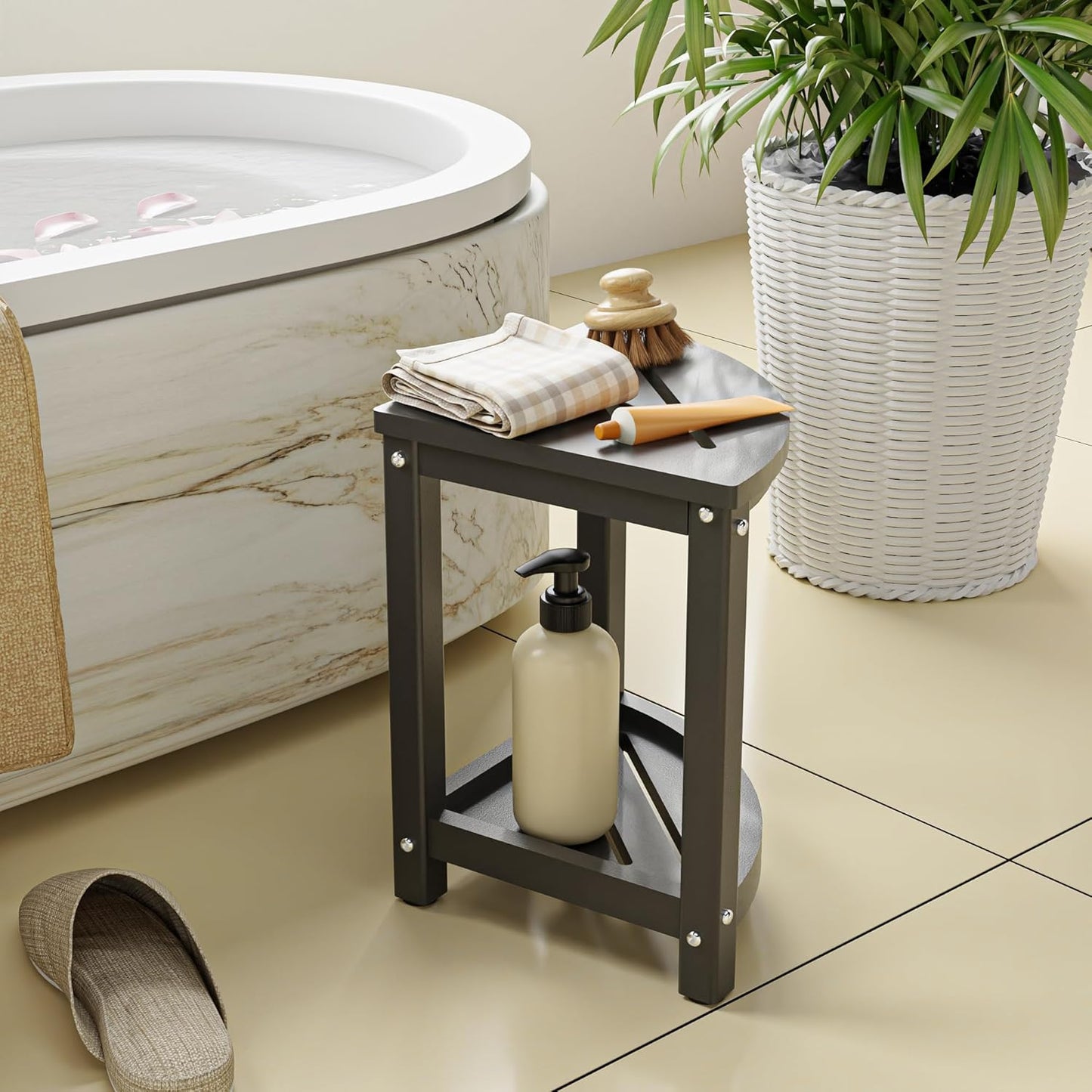 Dluxe Ave. Corner Shower Stool for Inside Shower HDPE Waterproof Shower Bench Seat Sturdy  Storage Shelf Grey