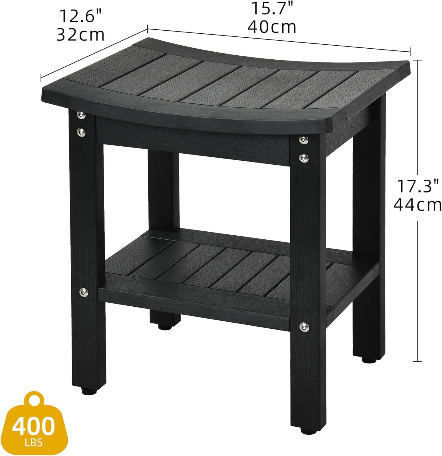 Dluxe Ave. DWVO Poly Lumber Shower Bench Shower Stool with Handles Storage Shelf Water Resistant & Non-Slip Design Shower Seat Shower Bath Chairs Spa Stool for Bathroom 15 x 12 (Black)