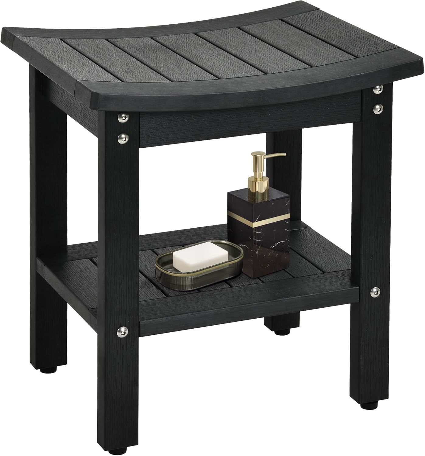 Dluxe Ave. DWVO Poly Lumber Shower Bench Shower Stool with Handles Storage Shelf Water Resistant & Non-Slip Design Shower Seat Shower Bath Chairs Spa Stool for Bathroom 15 x 12 (Black)