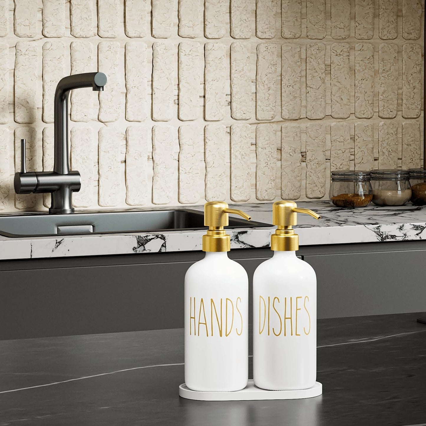 Dluxe Ave. Glass Pump Bottles with Brushed Metal Pump Tops/ 16oz  Set of 2 (White & Gold)