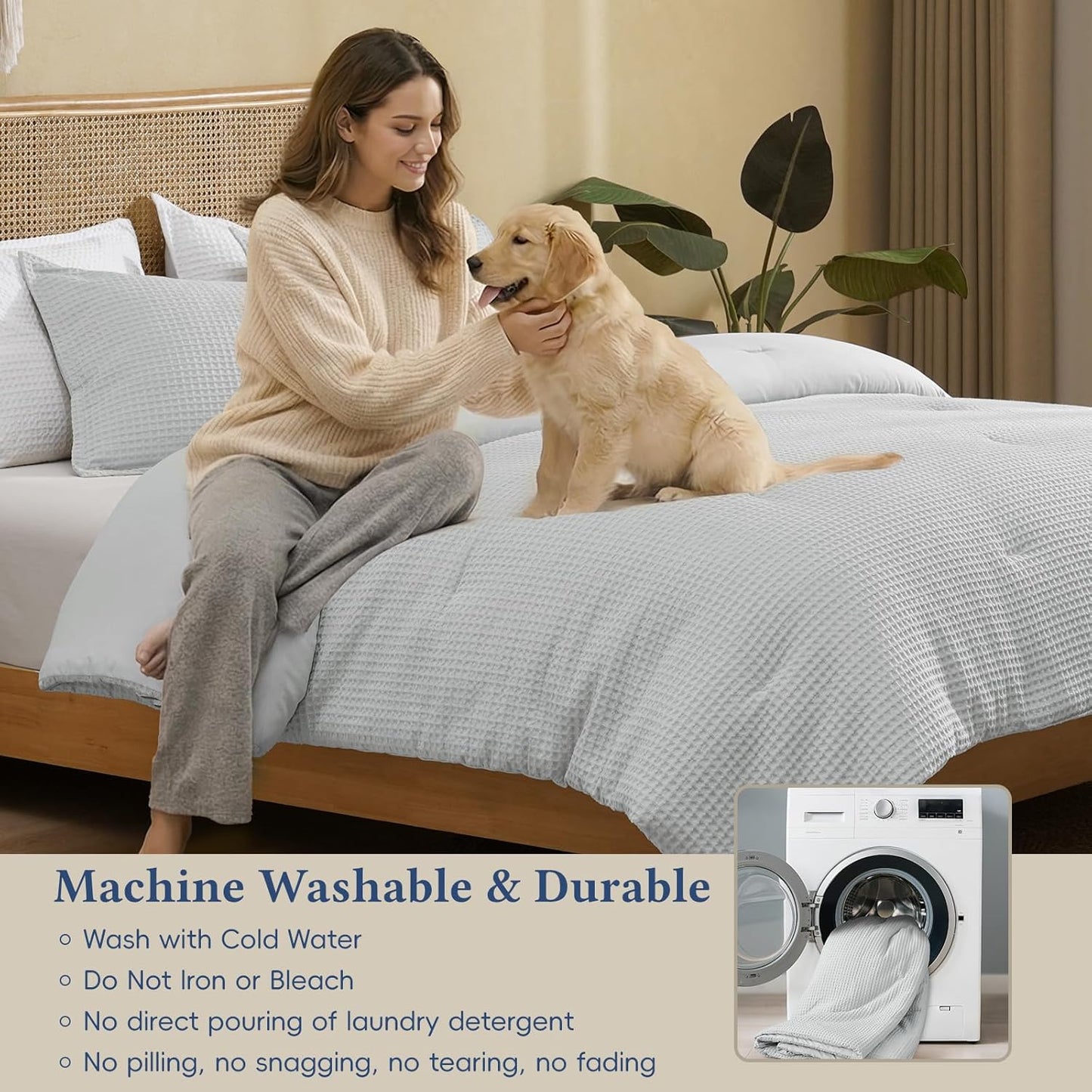 Dluxe Ave. ( KING ) 3 Pcs Waffle Weave Comforter Set/ Soft Breathable Lightweight Warm for All Season/ Grey
