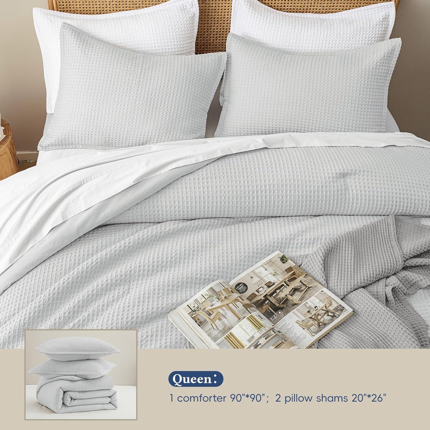 Dluxe Ave. ( KING ) 3 Pcs Waffle Weave Comforter Set/ Soft Breathable Lightweight Warm for All Season/ Grey