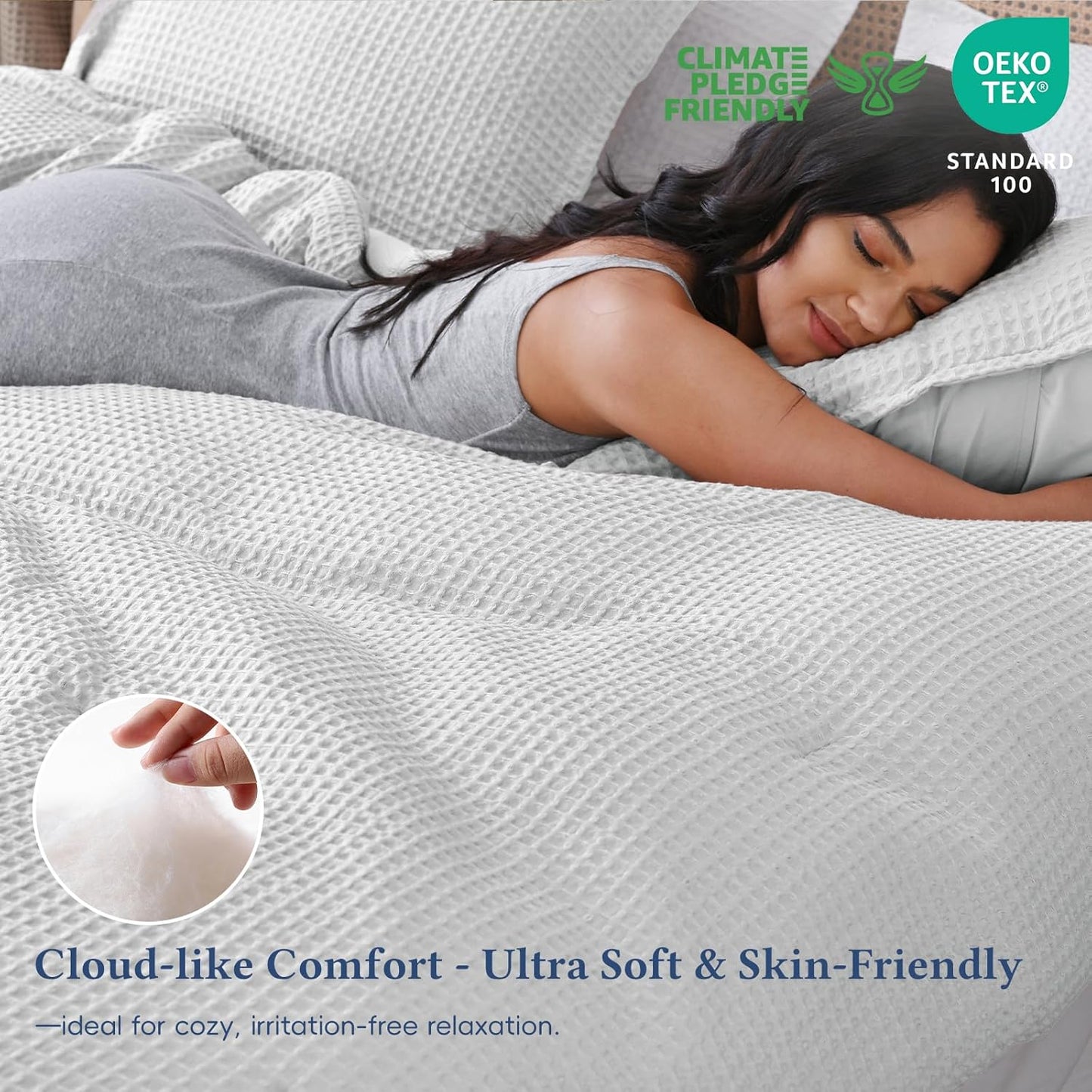 Dluxe Ave. ( KING ) 3 Pcs Waffle Weave Comforter Set/ Soft Breathable Lightweight Warm for All Season/ Grey