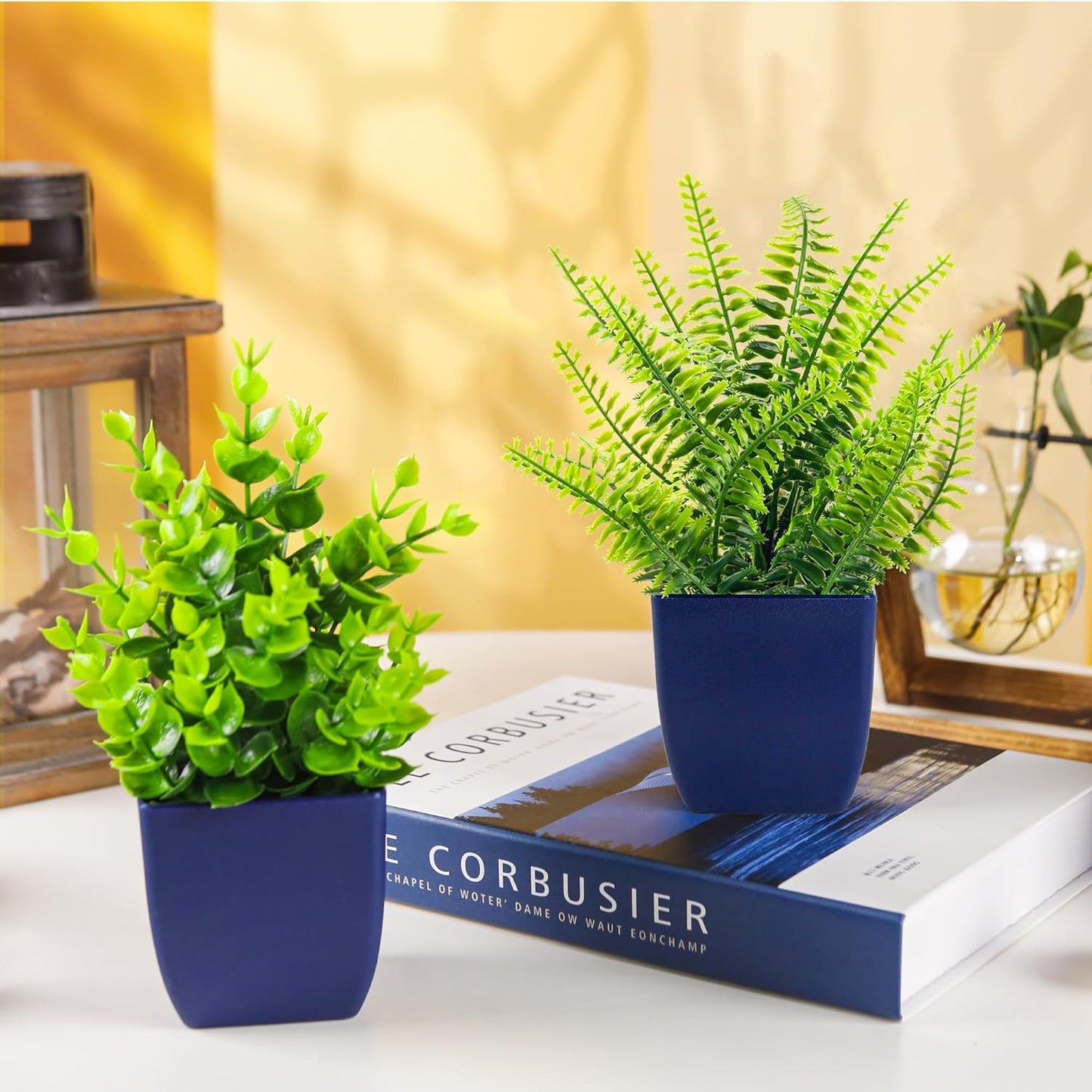 Dluxe Ave. 2 Pack Fake, Small Artificial Plants in Blue Pots, Faux Plants for Bathroom Decor