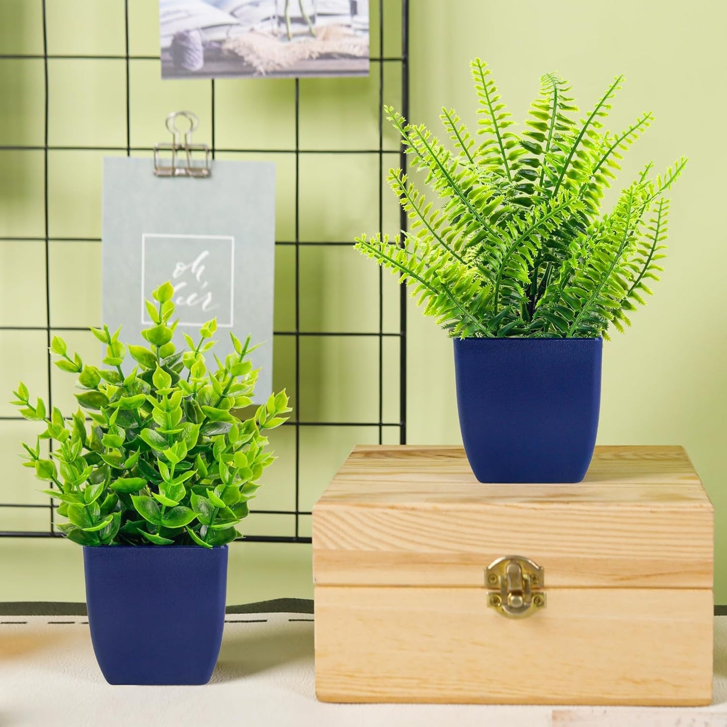 Dluxe Ave. 2 Pack Fake, Small Artificial Plants in Blue Pots, Faux Plants for Bathroom Decor