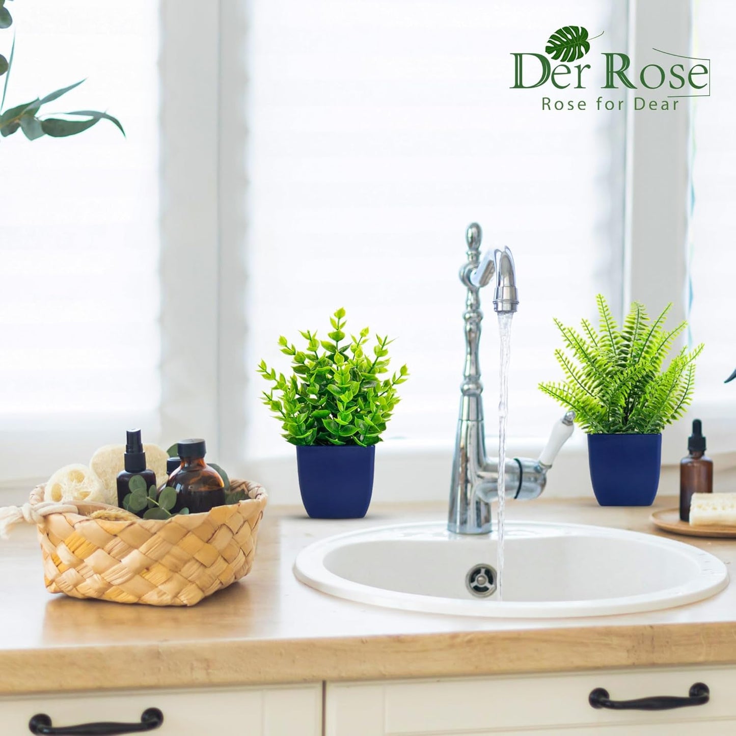 Dluxe Ave. 2 Pack Fake, Small Artificial Plants in Blue Pots, Faux Plants for Bathroom Decor