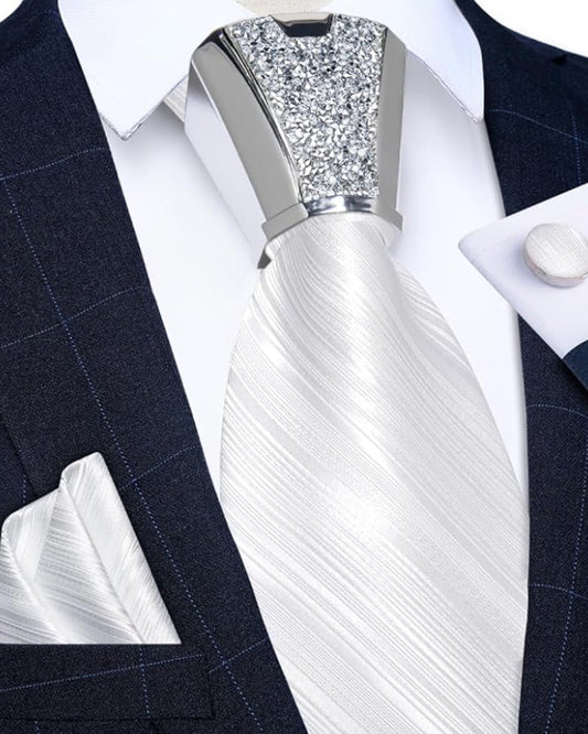 Dluxe Ave. Mens Tie SetSilk Solid Necktie and Shiny Tie Accessories Pocket Square Cufflinks Set Pearl White