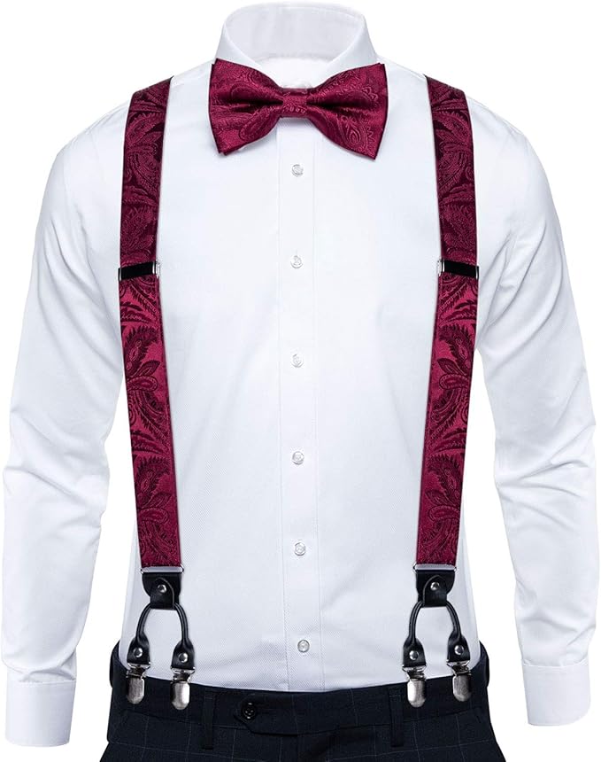 Dluxe Ave. Paisley Bow Tie and Suspenders for Men Heavy Duty Clip Suspenders Adjustable Elastic Y-Back Mens Trouser Braces