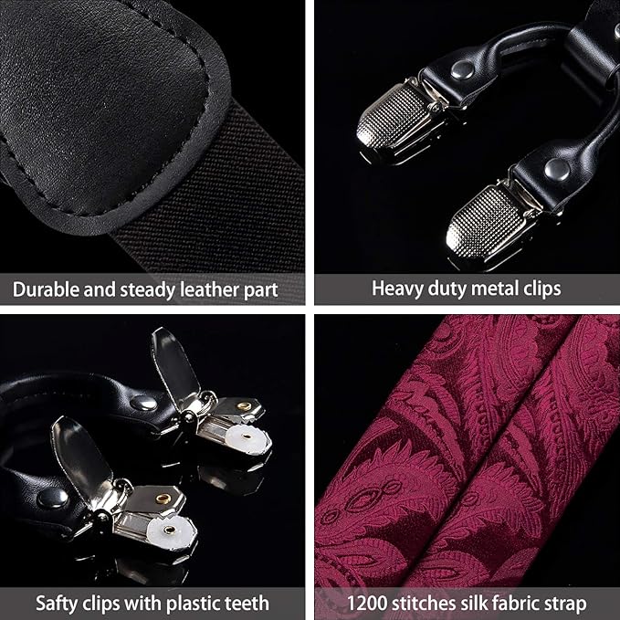 Dluxe Ave. Paisley Bow Tie and Suspenders for Men Heavy Duty Clip Suspenders Adjustable Elastic Y-Back Mens Trouser Braces