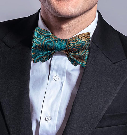 Dluxe Ave. Men Striped Solid Paisley/ Self Bowtie and Pocket Square Cufflinks/ Teal and Brown