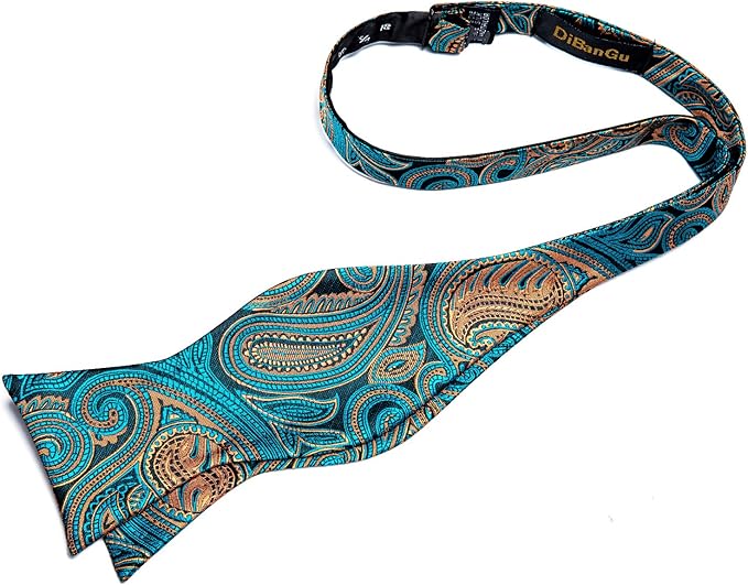 Dluxe Ave. Men Striped Solid Paisley/ Self Bowtie and Pocket Square Cufflinks/ Teal and Brown