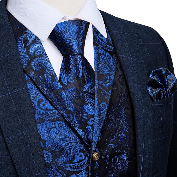 Dluxe Ave. (3X-LARGE)  Silk Paisley Vest/  Waistcoat and Necktie Bowtie Lapel Pin Set 7PCS/  Royal Blue