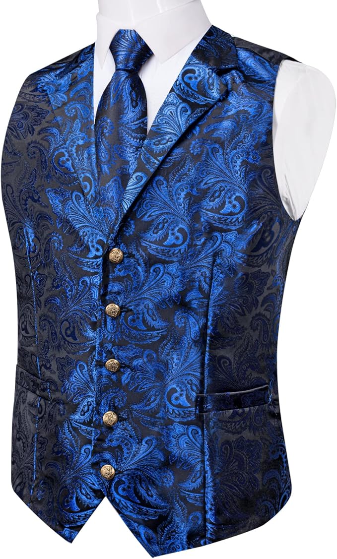 Dluxe Ave. (3X-LARGE)  Silk Paisley Vest/  Waistcoat and Necktie Bowtie Lapel Pin Set 7PCS/  Royal Blue